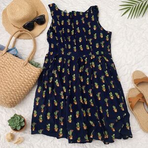 Cactus Print Cotton Fit & Flare Dress Womens Sundress Pockets Casual Summer